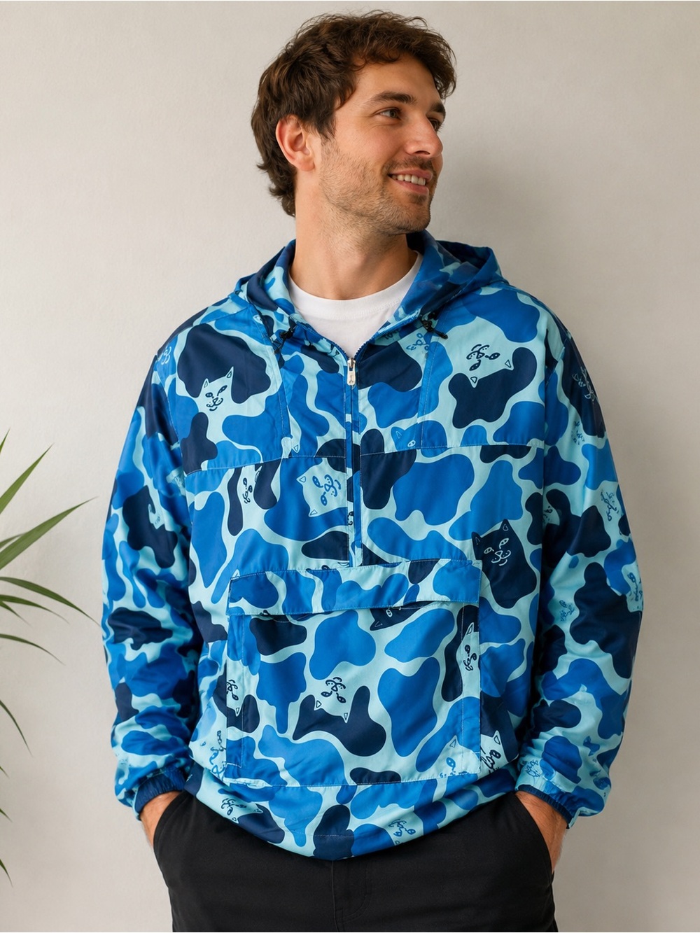 RIPNDIP Blue Camo Cat Print Hooded Half-Zip Pullover Windbreaker Jacket